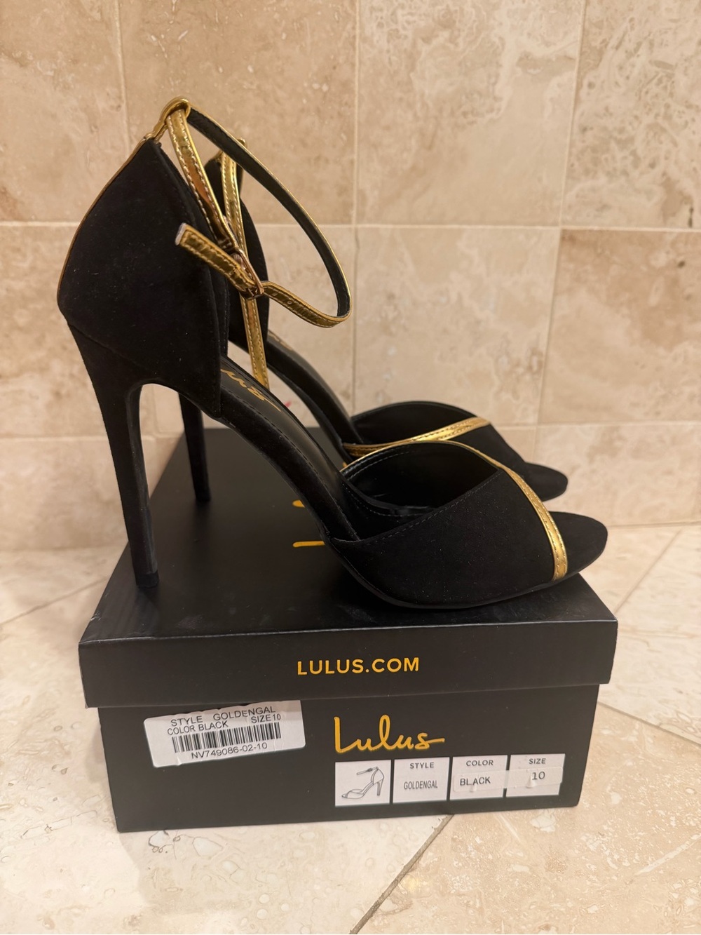 Lulu's Black and Gold Open-Toe Stiletto Heels
